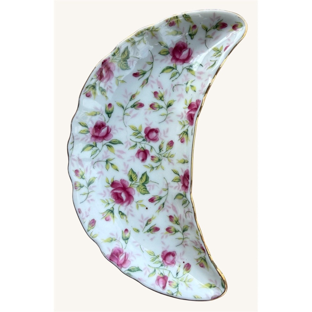 Vintage Lefton China Rose Chintz Bone Dish Crescent Dish Half Moon Pink Floral